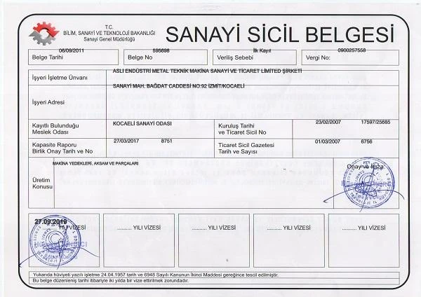 Sanayi Sicil Belgesi